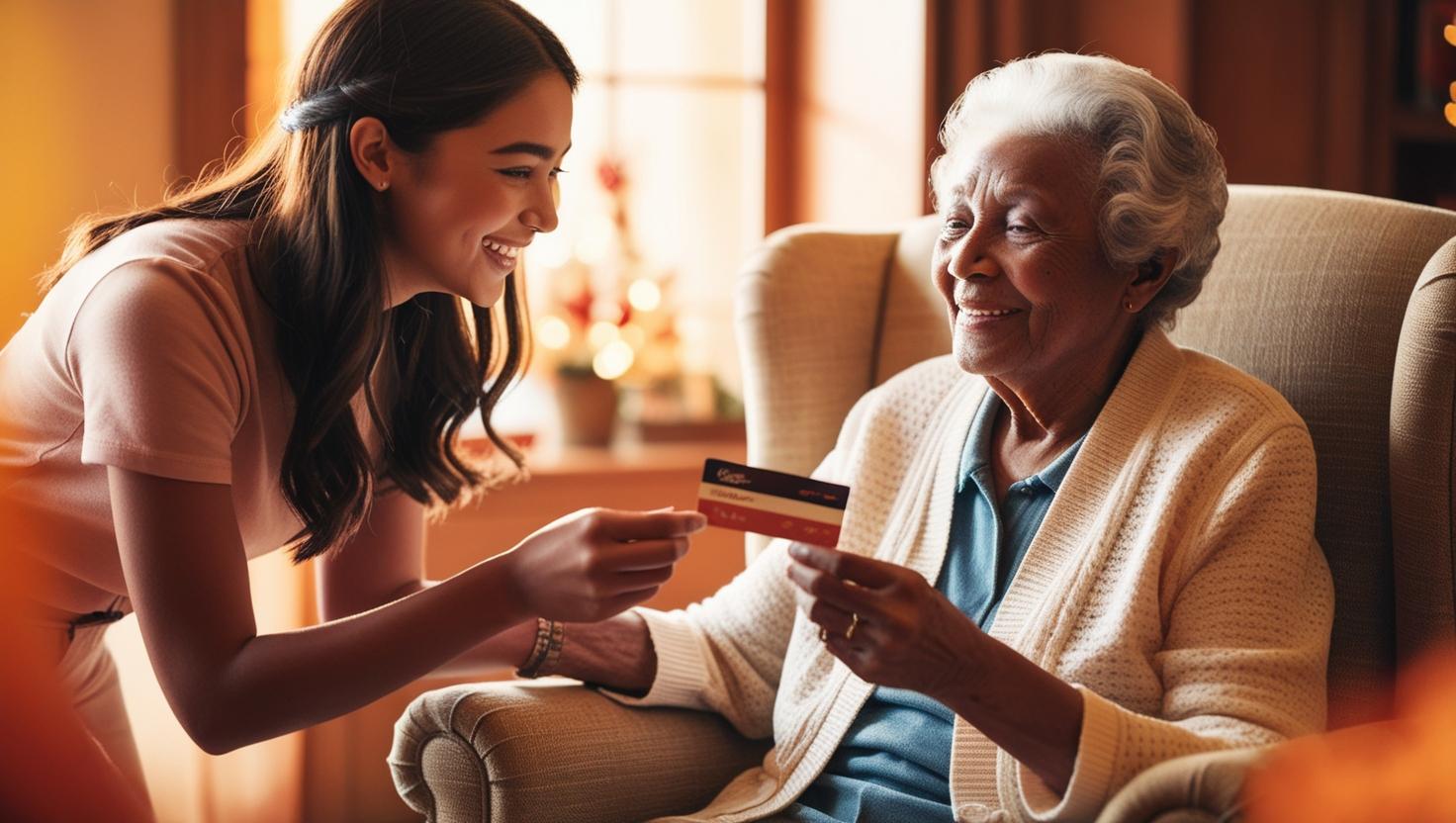 Senior receiving a gift activity from family member